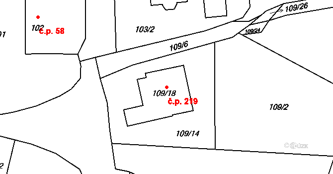 Červený Hrádek 219, Plzeň na parcele st. 109/18 v KÚ Červený Hrádek u Plzně, Katastrální mapa