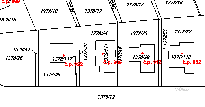 Řeporyje 909, Praha na parcele st. 1378/111 v KÚ Řeporyje, Katastrální mapa