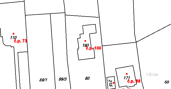 Hrabůvka 100 na parcele st. 190 v KÚ Hrabůvka u Hranic, Katastrální mapa
