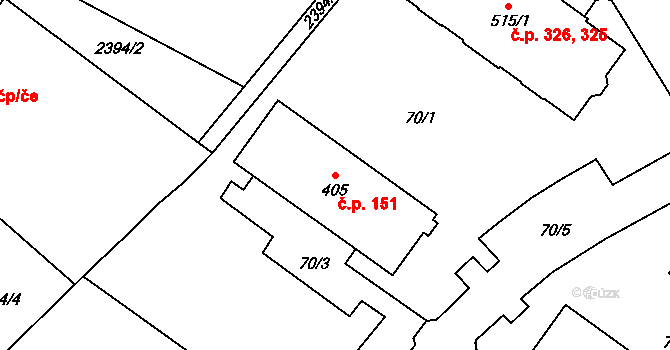 Želetava 151 na parcele st. 405 v KÚ Želetava, Katastrální mapa