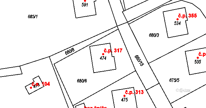 Nedvědice 317 na parcele st. 474 v KÚ Nedvědice pod Pernštejnem, Katastrální mapa