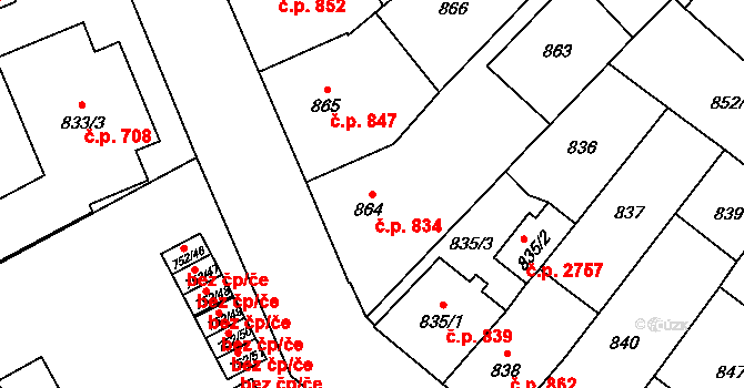 Předměstí 834, Opava na parcele st. 864 v KÚ Opava-Předměstí, Katastrální mapa