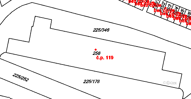 Meziboří 119 na parcele st. 256 v KÚ Meziboří u Litvínova, Katastrální mapa