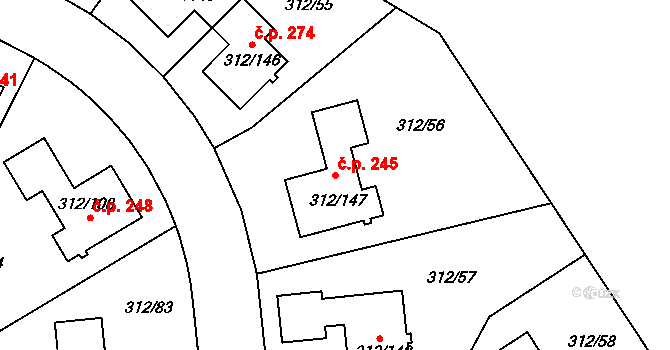 Benice 245, Praha na parcele st. 312/147 v KÚ Benice, Katastrální mapa