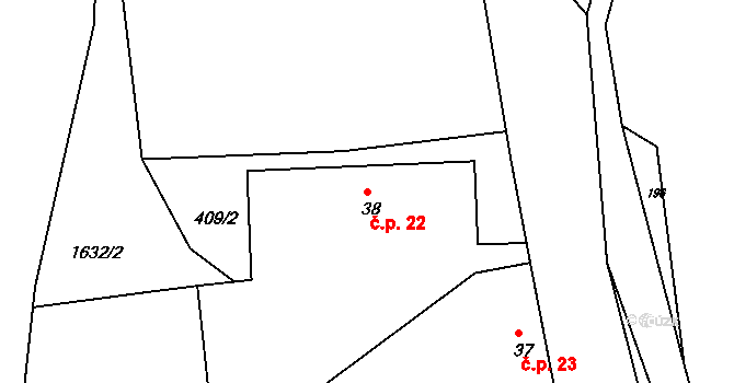 Rožmitál 22, Broumov na parcele st. 38 v KÚ Rožmitál, Katastrální mapa