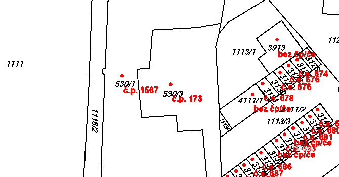 Humpolec 173 na parcele st. 530/3 v KÚ Humpolec, Katastrální mapa
