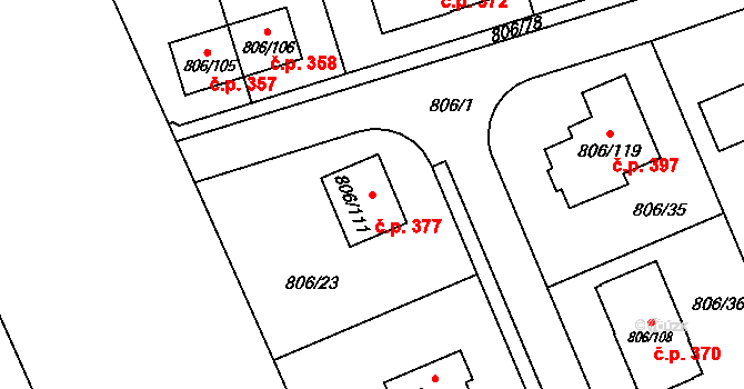 Těchov 377, Blansko na parcele st. 806/111 v KÚ Těchov, Katastrální mapa