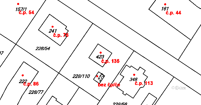 Líšno 135, Bystřice na parcele st. 423 v KÚ Líšno, Katastrální mapa