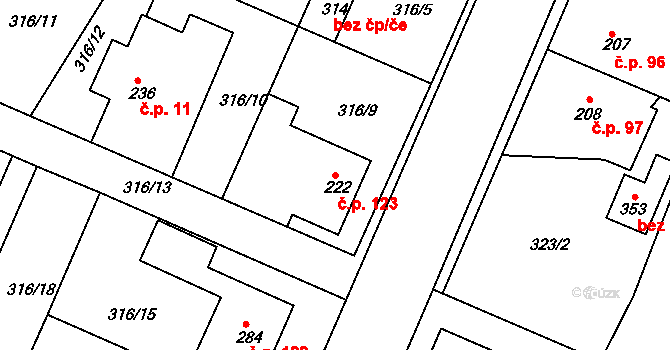 Bolehošť 123 na parcele st. 222 v KÚ Bolehošť, Katastrální mapa