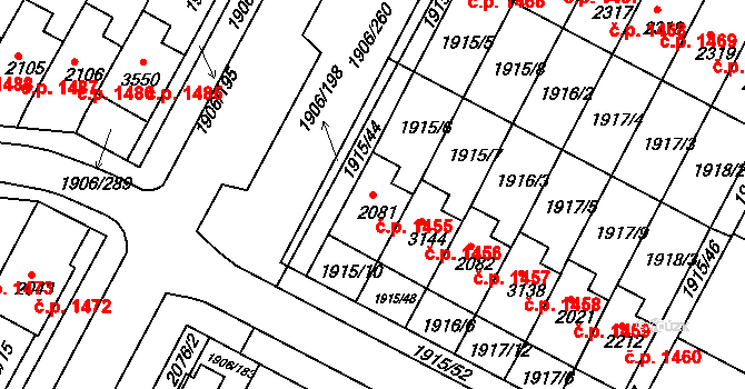 Bystřice pod Hostýnem 1455 na parcele st. 2081 v KÚ Bystřice pod Hostýnem, Katastrální mapa