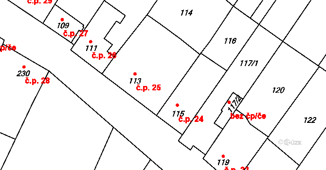 Dolenice 25 na parcele st. 113 v KÚ Dolenice, Katastrální mapa