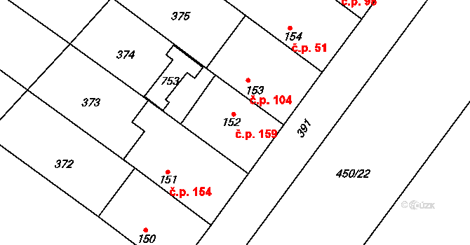 Hradčany 159 na parcele st. 152 v KÚ Hradčany u Žehuně, Katastrální mapa