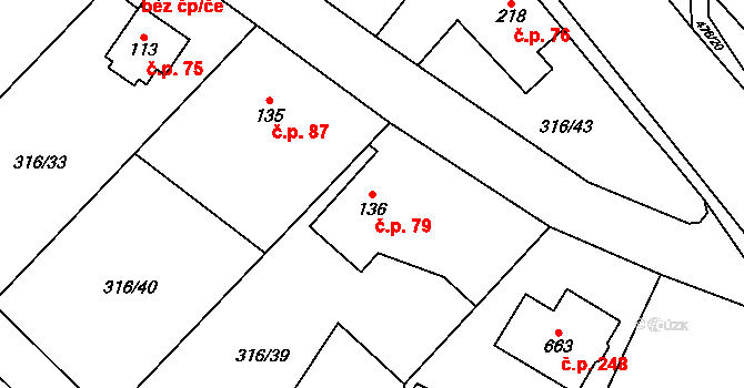 Řež 79, Husinec na parcele st. 136 v KÚ Husinec u Řeže, Katastrální mapa
