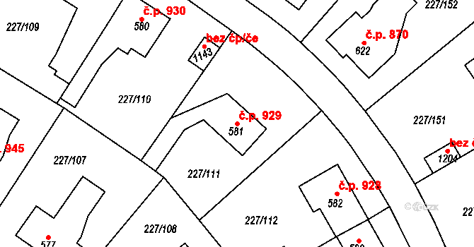 Švermov 929, Kladno na parcele st. 581 v KÚ Hnidousy, Katastrální mapa