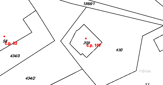 Andělka 107, Višňová na parcele st. 209 v KÚ Andělka, Katastrální mapa