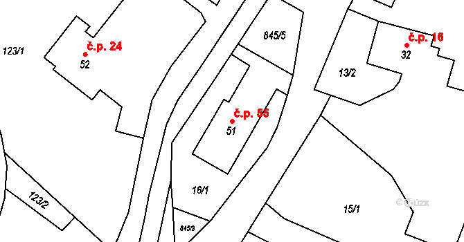 Břevenec 55, Šumvald na parcele st. 51 v KÚ Břevenec, Katastrální mapa