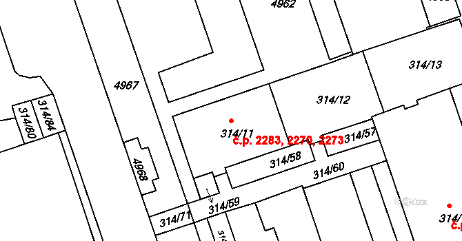 Královo Pole 2270,2273,2283, Brno na parcele st. 314/11 v KÚ Královo Pole, Katastrální mapa