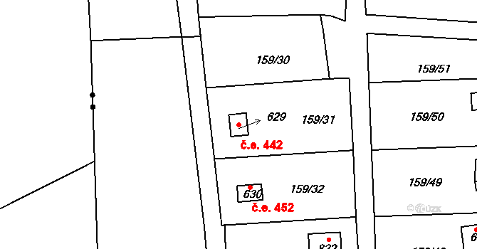 Podhrad 442, Cheb na parcele st. 629 v KÚ Podhrad, Katastrální mapa