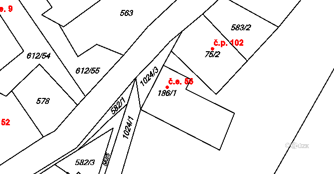 Háj 56, Loučná pod Klínovcem na parcele st. 186/1 v KÚ Háj u Loučné pod Klínovcem, Katastrální mapa