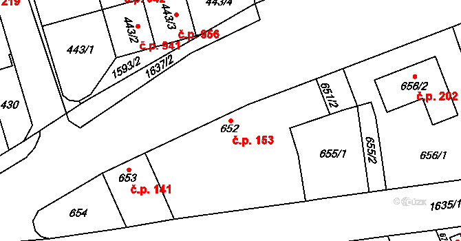 Řeporyje 153, Praha na parcele st. 652 v KÚ Řeporyje, Katastrální mapa