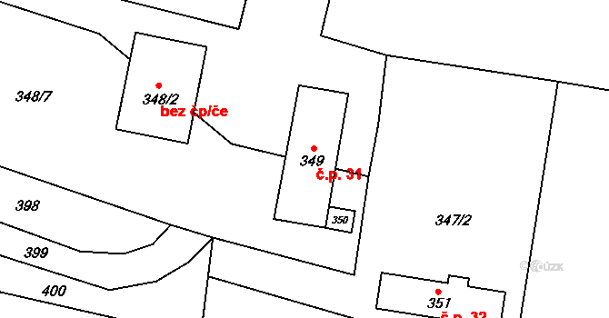 Popovice 31 na parcele st. 349 v KÚ Popovice u Rajhradu, Katastrální mapa