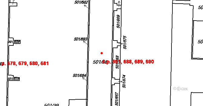 Ráj 688,689,690,691, Karviná na parcele st. 501/38 v KÚ Ráj, Katastrální mapa