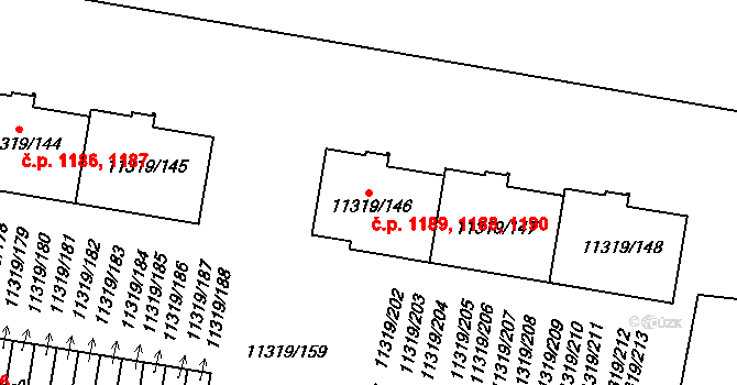 Severní Předměstí 1188,1189,1190, Plzeň na parcele st. 11319/148 v KÚ Plzeň, Katastrální mapa