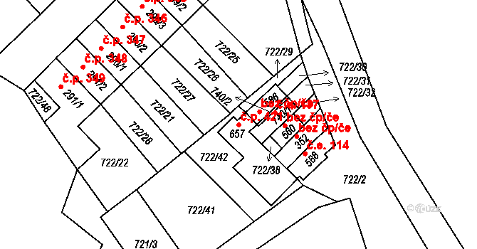 Nedvědice 421 na parcele st. 657 v KÚ Nedvědice pod Pernštejnem, Katastrální mapa