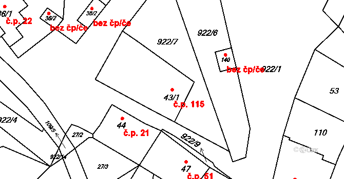 Podbořanský Rohozec 115 na parcele st. 43/1 v KÚ Podbořanský Rohozec, Katastrální mapa
