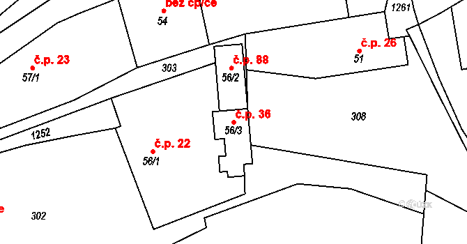 Tupadly 36 na parcele st. 56/3 v KÚ Tupadly, Katastrální mapa