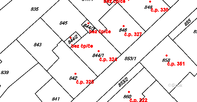 Měřín 324 na parcele st. 844/1 v KÚ Měřín, Katastrální mapa