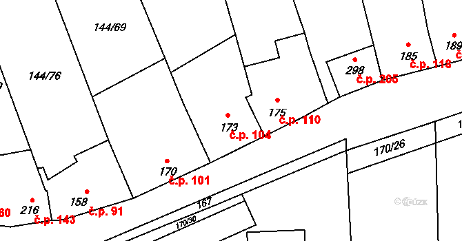 Louky 104, Zlín na parcele st. 173 v KÚ Louky nad Dřevnicí, Katastrální mapa