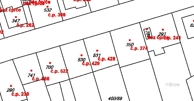 Prštné 428, Zlín na parcele st. 531 v KÚ Prštné, Katastrální mapa