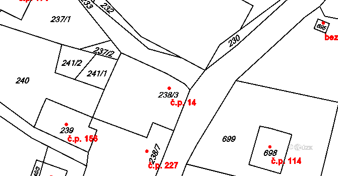 Velíková 14, Zlín na parcele st. 238/3 v KÚ Velíková, Katastrální mapa
