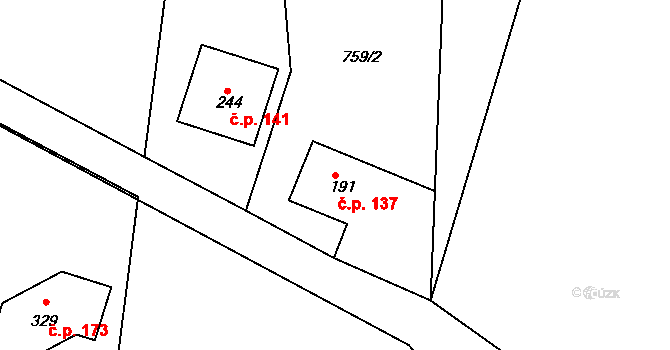 Březina 137 na parcele st. 191 v KÚ Březina u Rokycan, Katastrální mapa