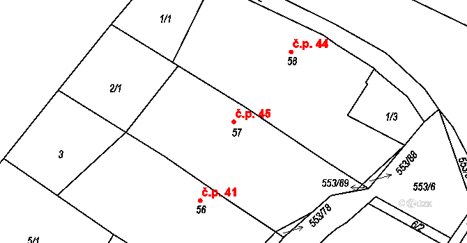 Kostěnice 45 na parcele st. 57 v KÚ Kostěnice, Katastrální mapa