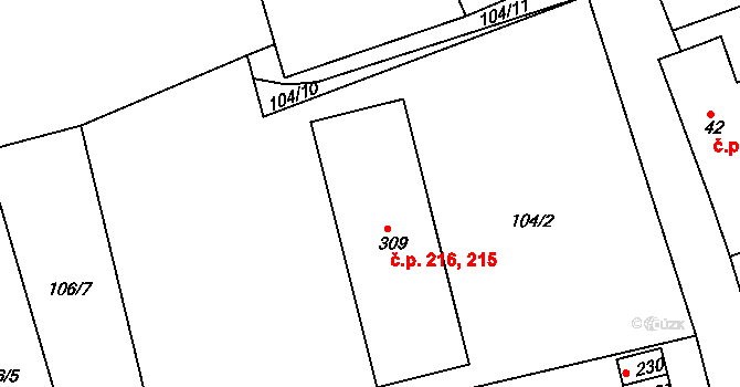 Krušovice 215,216 na parcele st. 309 v KÚ Krušovice, Katastrální mapa
