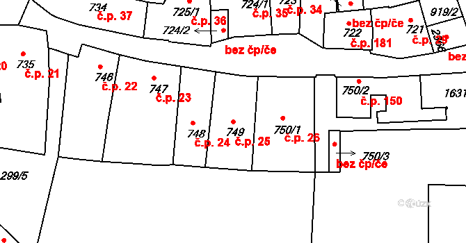 Latrán 25, Český Krumlov na parcele st. 749 v KÚ Český Krumlov, Katastrální mapa