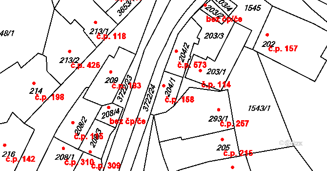 Žirovnice 158 na parcele st. 204/1 v KÚ Žirovnice, Katastrální mapa
