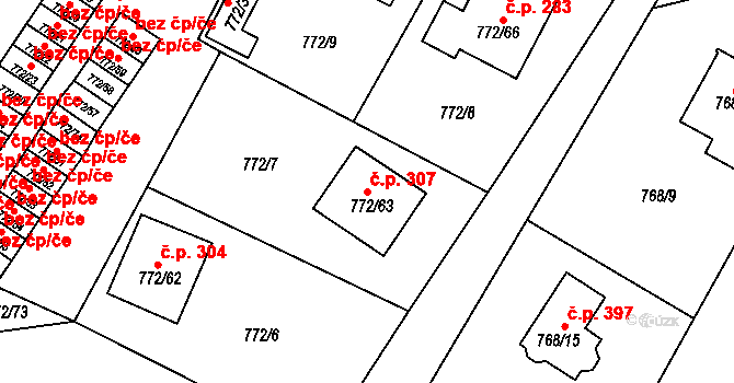 Senec 307, Zruč-Senec na parcele st. 772/63 v KÚ Senec u Plzně, Katastrální mapa