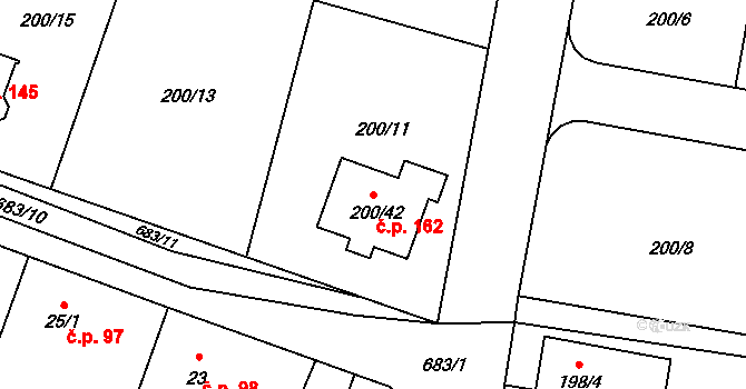 Šlovice 162, Dobřany na parcele st. 200/42 v KÚ Šlovice u Plzně, Katastrální mapa