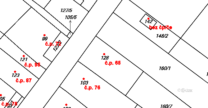 Hlinsko pod Hostýnem 65, Bystřice pod Hostýnem na parcele st. 128 v KÚ Hlinsko pod Hostýnem, Katastrální mapa