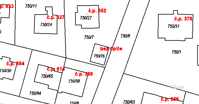 Zruč-Senec 104197854 na parcele st. 750/76 v KÚ Zruč, Katastrální mapa
