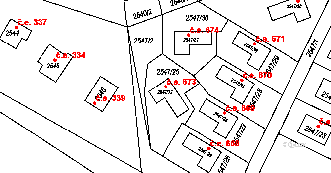 Jedovnice 673 na parcele st. 2547/32 v KÚ Jedovnice, Katastrální mapa