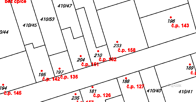 Veleň 152 na parcele st. 210 v KÚ Veleň, Katastrální mapa
