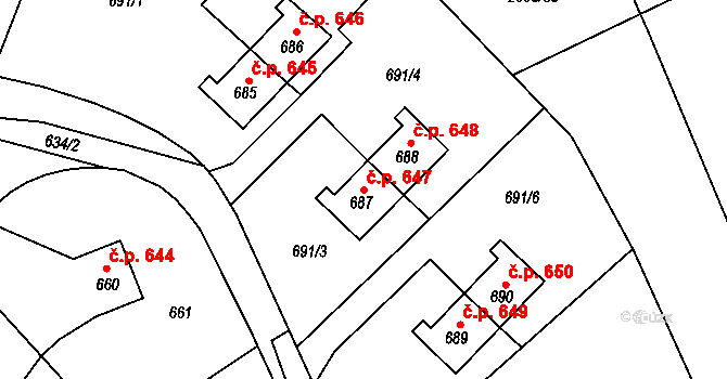 Libušín 647 na parcele st. 687 v KÚ Libušín, Katastrální mapa