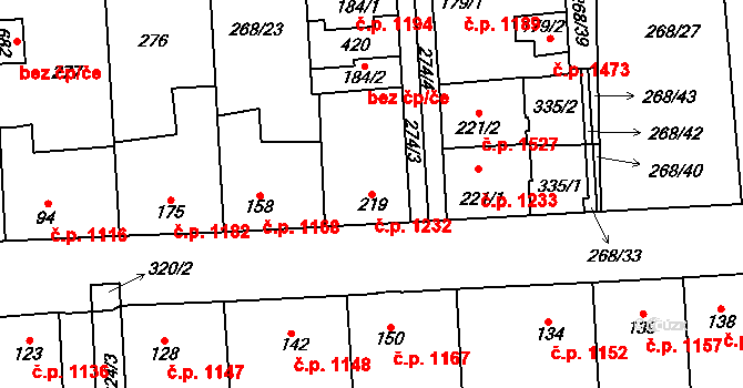Švermov 1232, Kladno na parcele st. 219 v KÚ Hnidousy, Katastrální mapa