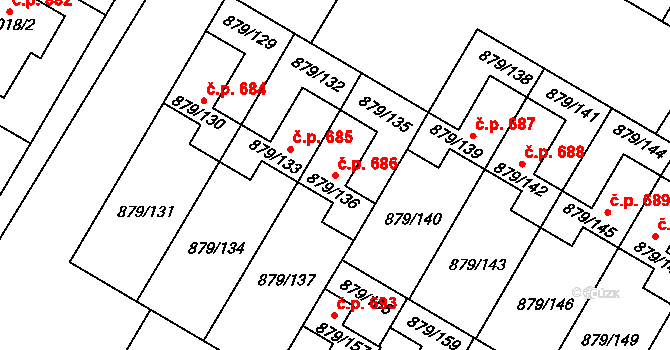Kosmonosy 686 na parcele st. 879/136 v KÚ Kosmonosy, Katastrální mapa
