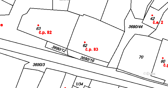 Chodský Újezd 83 na parcele st. 62 v KÚ Chodský Újezd, Katastrální mapa