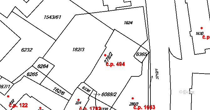 Rožnov pod Radhoštěm 494 na parcele st. 278/2 v KÚ Rožnov pod Radhoštěm, Katastrální mapa